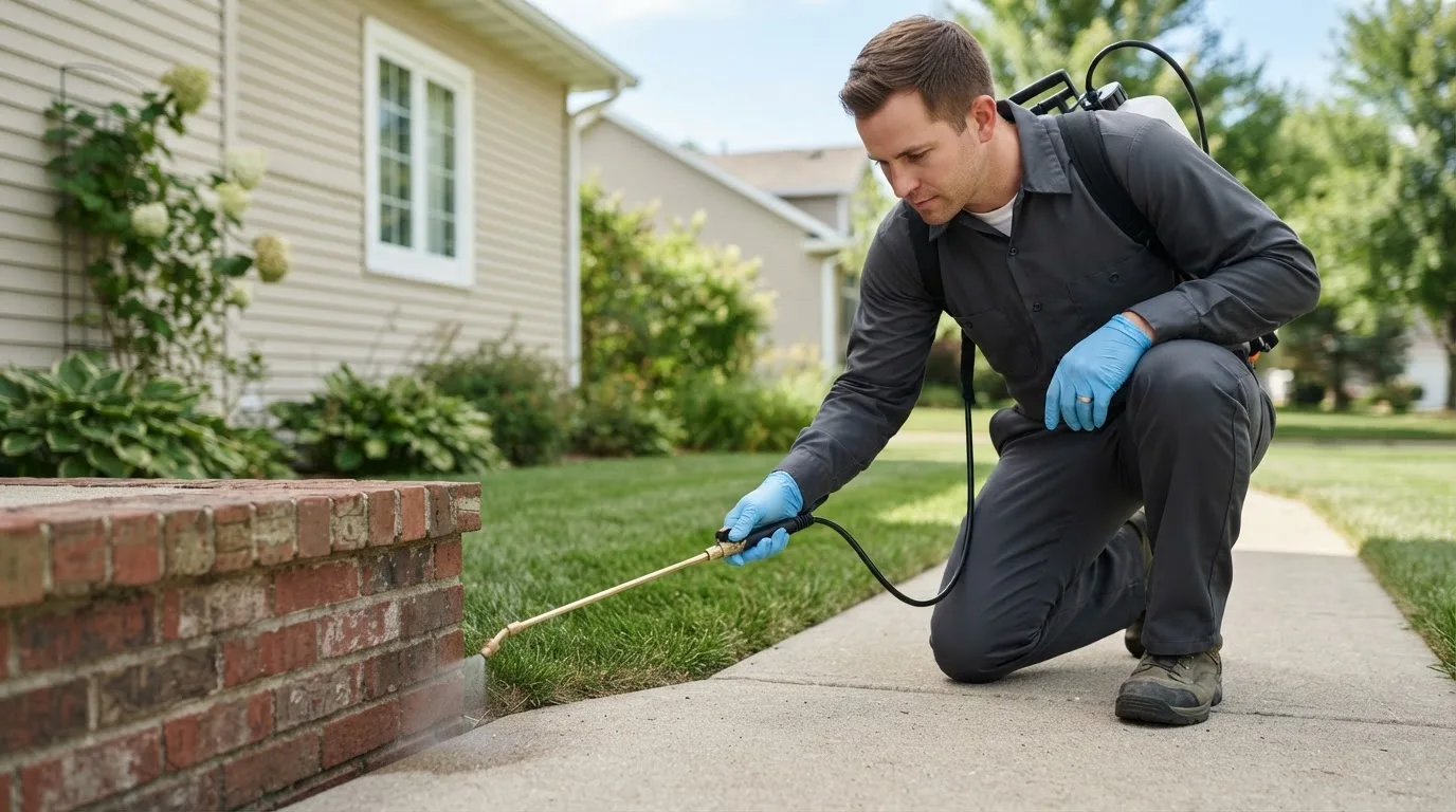 Pest control technician treating a home near Needham, IN