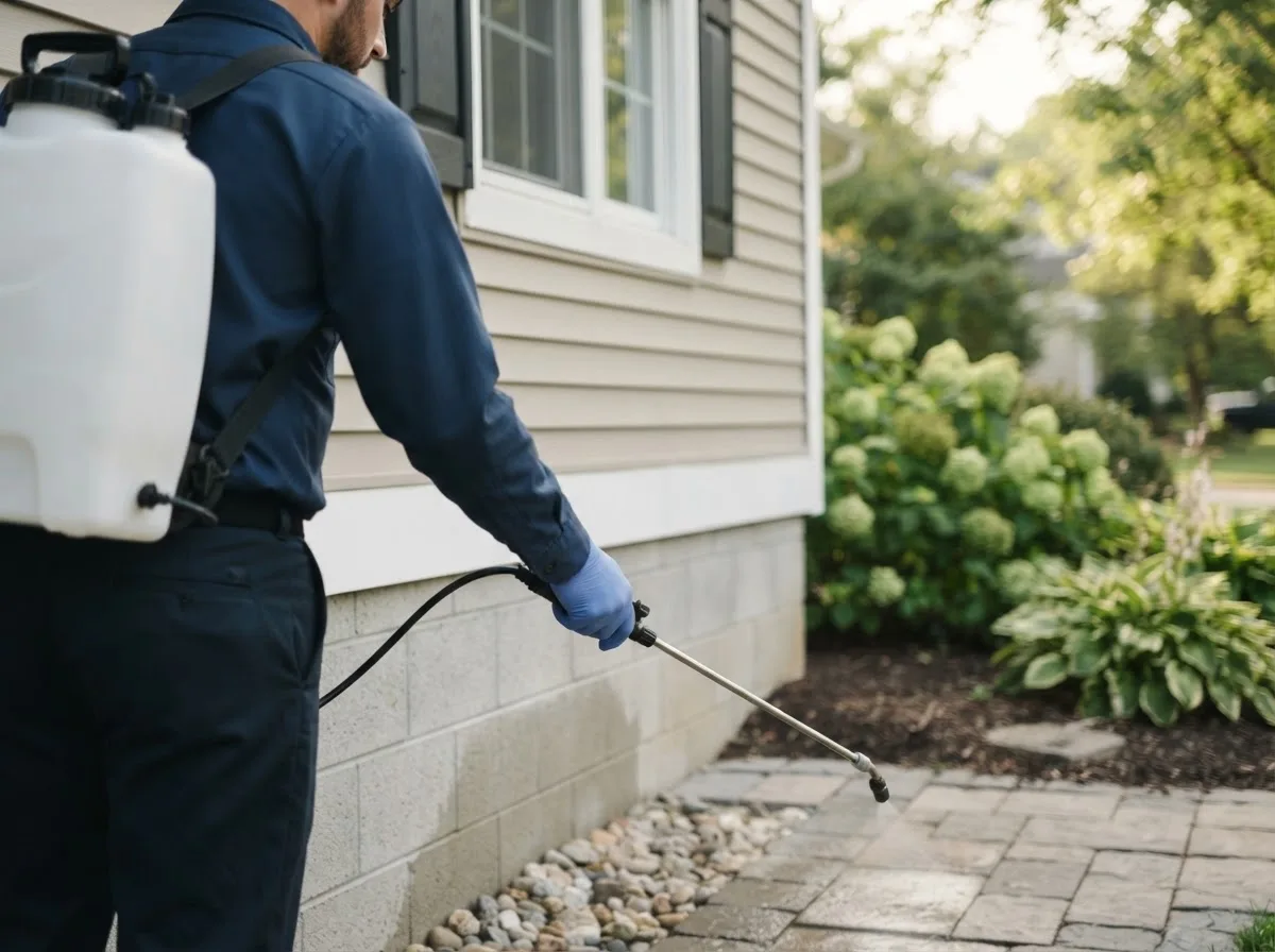 Pest control technician inspecting a home in Needham, IN